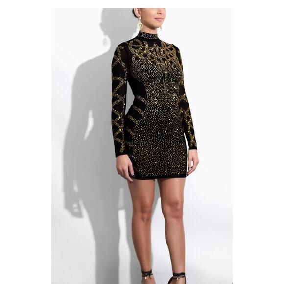 Hot Miami Styles Bling Bodycon Dress – Black & Gold Sheer – Size S - Picture 1 of 10